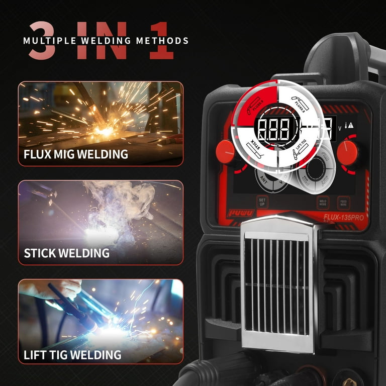 BESTMIG 135A 3-in-1 MIG Welder – Flux Core, Lift TIG, Stick Welding Machine, 110V, Includes Helmet & Gloves