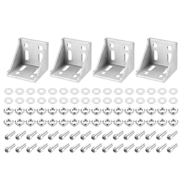 4 Juegos Interior Esquina Soporte Fuelle Kits, 57x57x59mm 6060 Ángulo Conector para 6060 Series Aluminio Perfil (Plata/ 32 x Cuadrada Tuercas y Hexagonal Zócalo Pernos y Arandelas)