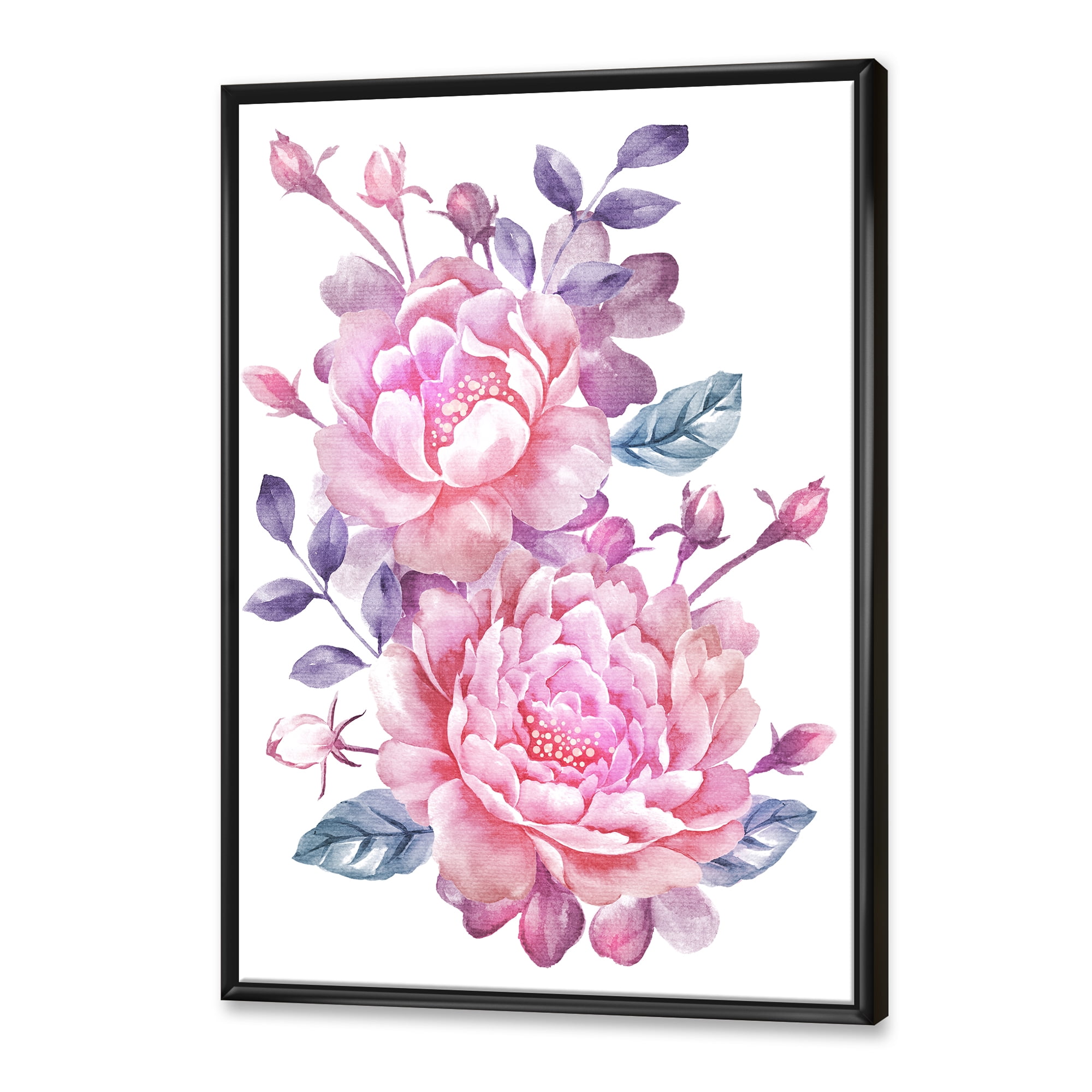 Designart 'Pink Retro Flowers With Blue Leaves On White' Traditional Framed Canvas Wall Art Print