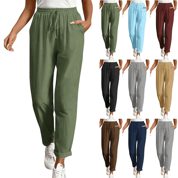 POIUYTR Summer High Waist Pants for Women Casual Loose Ankle Length Pants Work Office Solid Color Trousers