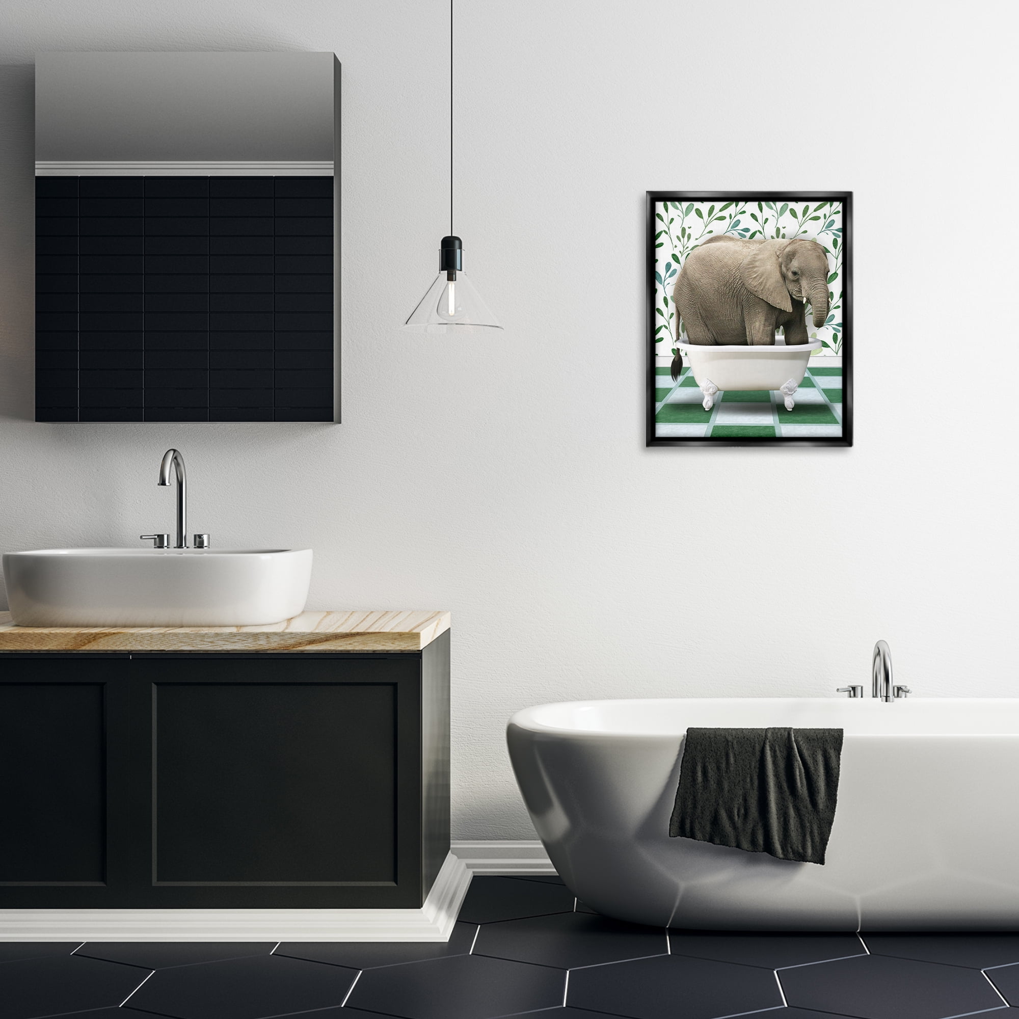 Stupell Industries Bathing Elephant on Green Bath & Laundry Painting Black Floater Framed Canvas Art Print Wall Art, 17 x 21