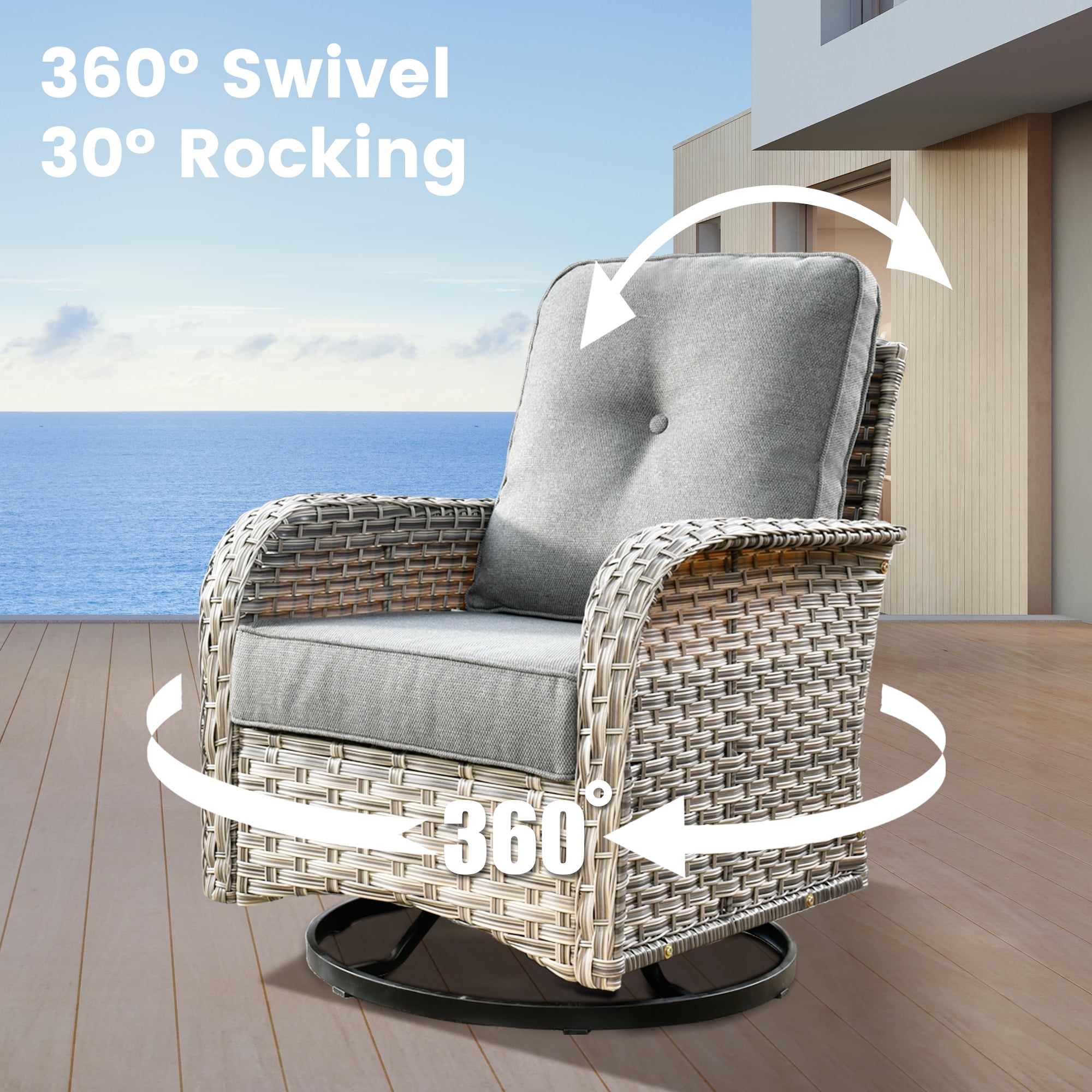 XIZZI 3-Piece Patio Furniture Set High Back Patio Conversation Chairs Set Outdoor Swivel Glider Rocker Chairs Wicker Outdoor Rocking Swivel Chairs with Side Table for Porch, Dark Gray