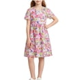 thumbnail image 2 of Teyfeniy Girls Floral Print Dresses Short Sleeve Crew Neck Midi Dress Flowy Pleated Lightweight Cotton Summer Going out Graphic Dress, for 5 to 47 Years, 2 of 6