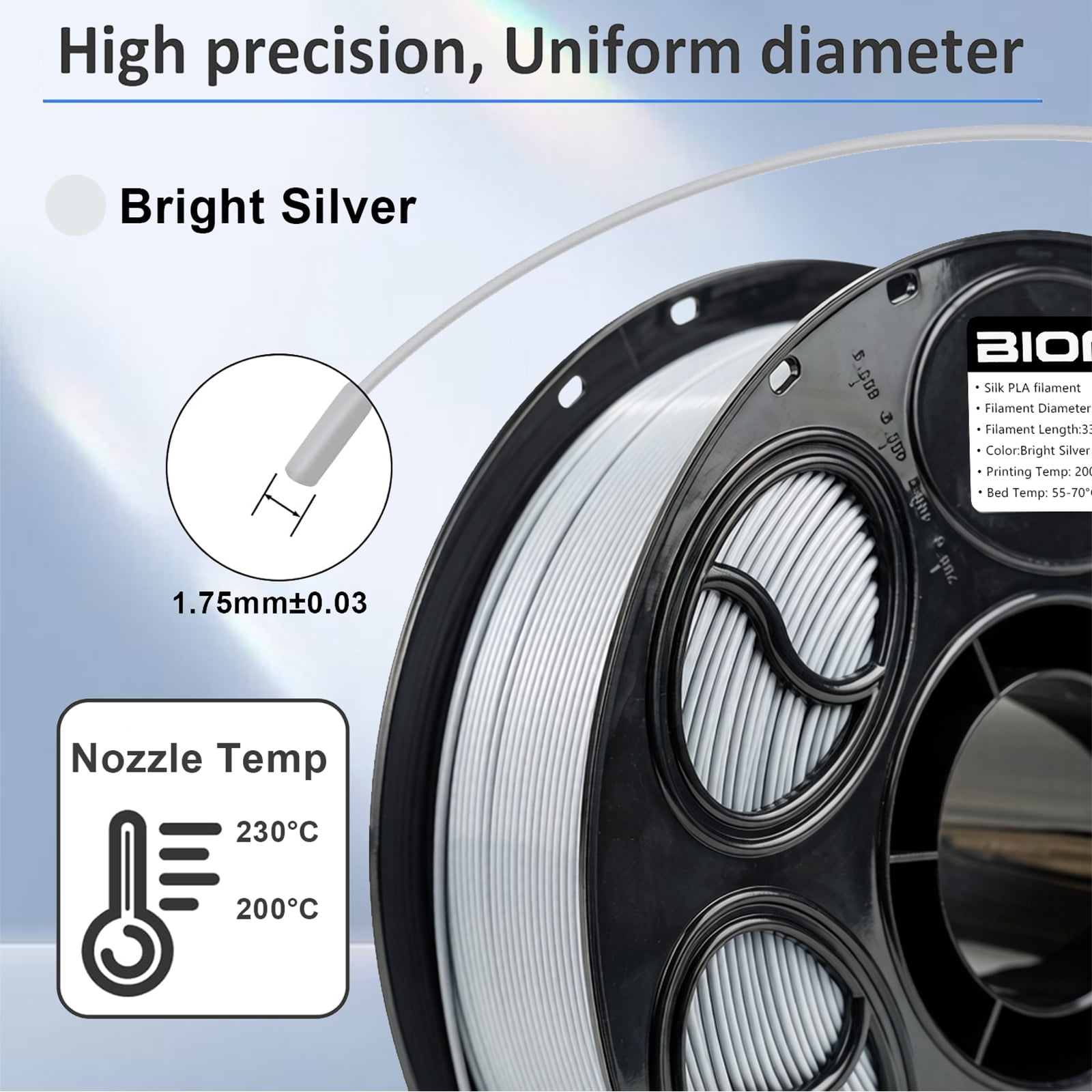 BIOMYL PLA 3D Printer Filament, PLA Filament 1.75mm Bright Silver Color Filament Silk PLA, 1kg Spool, Accuracy +/- 0.03mm