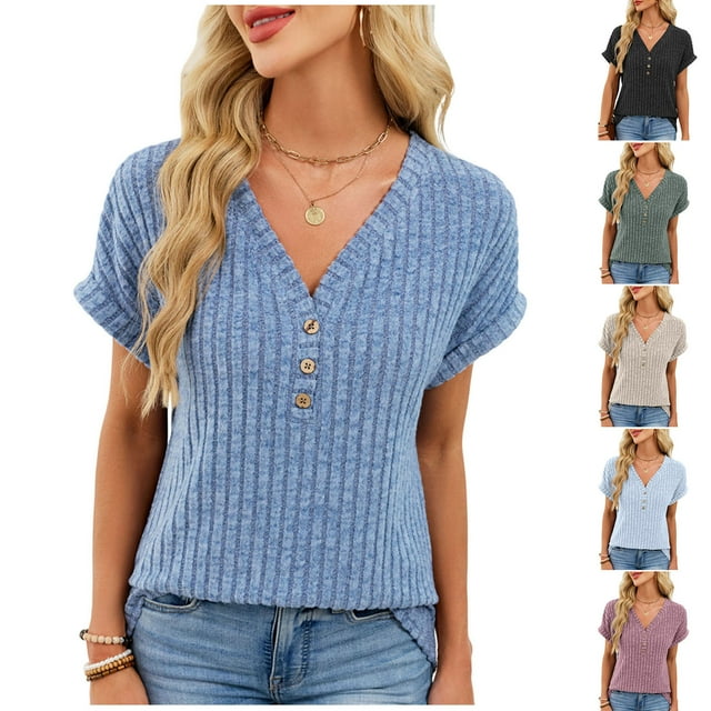 QIUOMBBP Chemises d'Été pour Femmes Henley Manches Courtes Col Rond T-Shirts en Tricot Côtelé Ample Décontracté pour Sortir Bleu TG