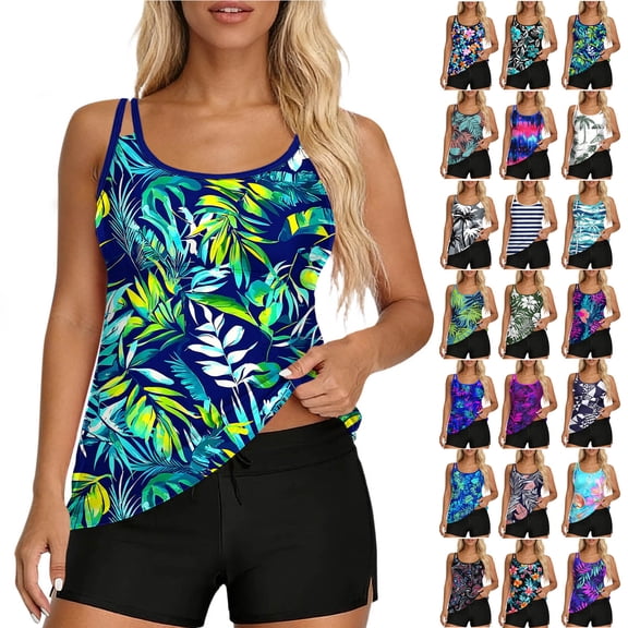 Purcolt Women's Hawaiian Tropical Floral Print Tankini Swimsuit Quick Dry 2 Pieces Set Modest Bathing Suit with Tummy Control Boyshorts Swimwear