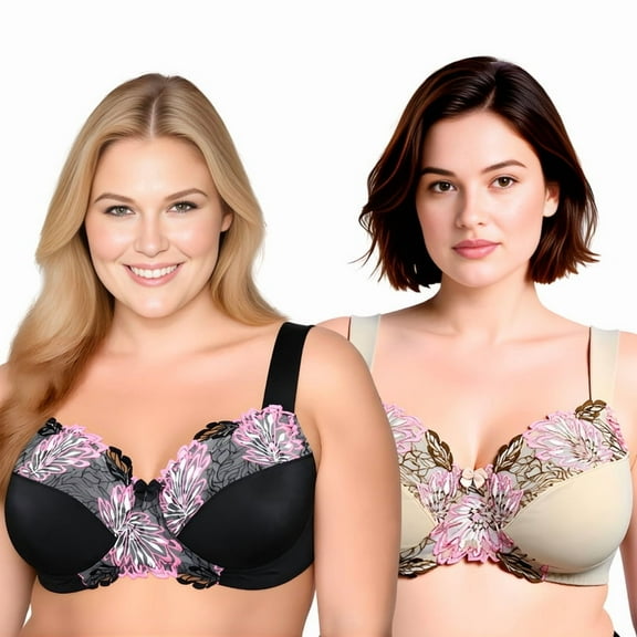 Curve Muse Women's Plus Size Minimizer Wireless Unlined Bra with Embroidery Lace-2Pack-BLACK,NUDE-34C