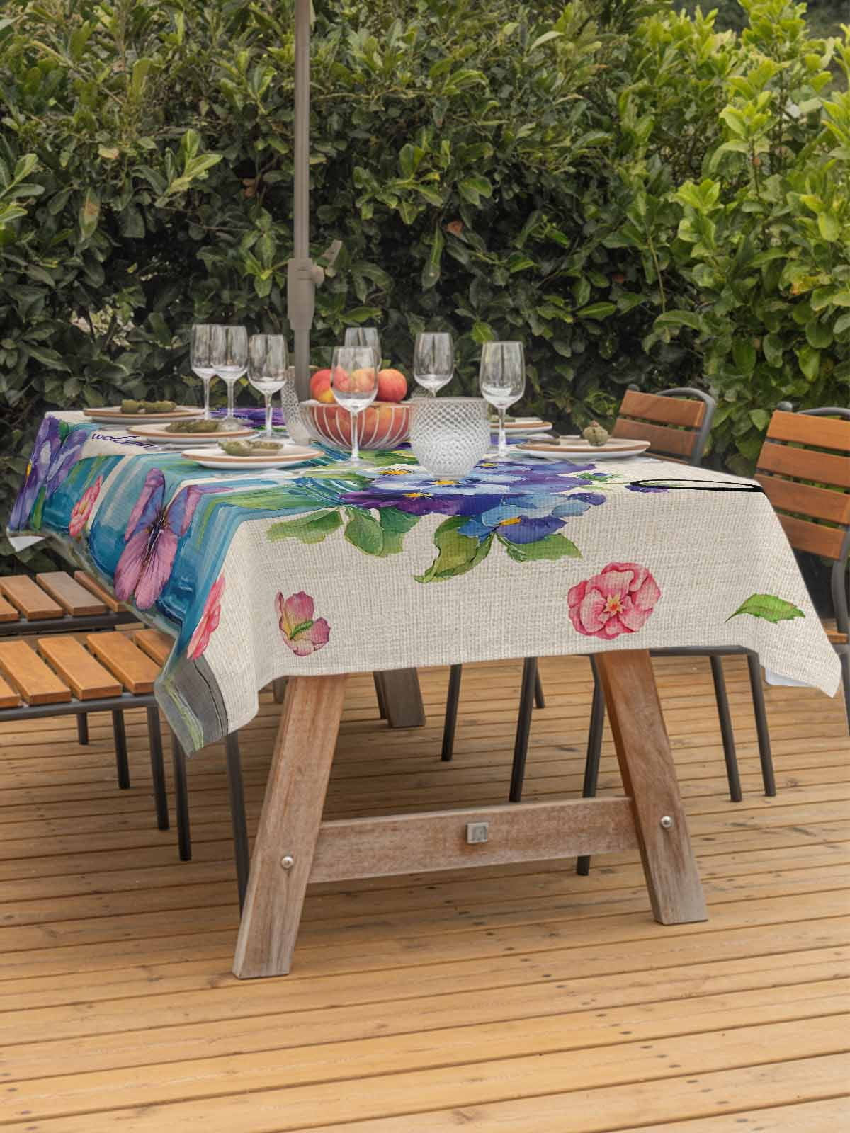 Hello Spring Outdoor Tablecloth - 52x70 Inch Rectangle Dining Table Cover, Pastoral Purple Bottle Floral Rustic Burlap Waterproof Outdoor Table Cloth with Umbrella Hole & Zipper for Picnic/Patio