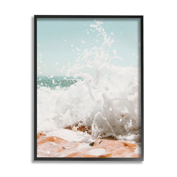 Stupell Splashing Sandy Beach Sea Foam Landscape Photography Black Framed Art Print Wall Art