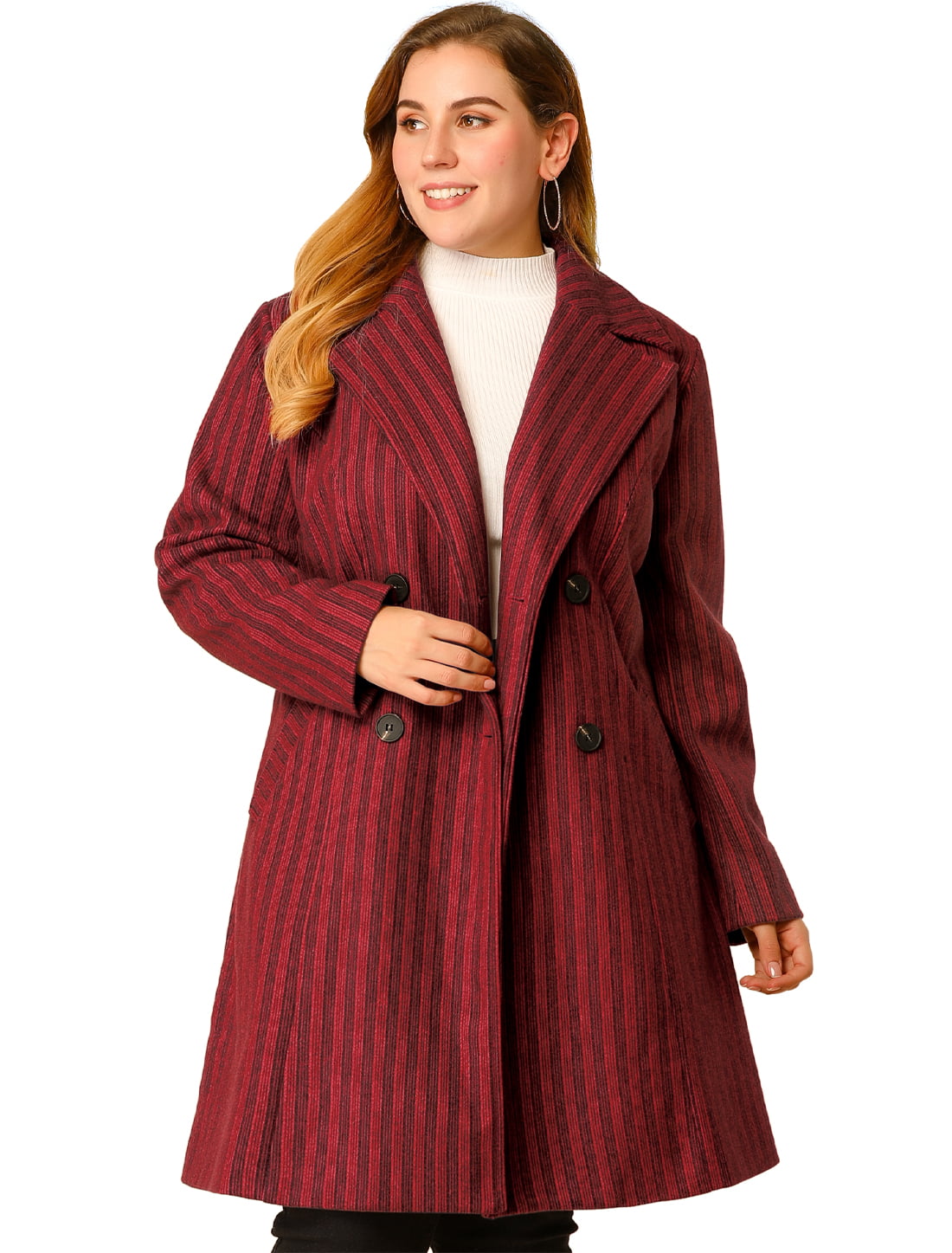 Women's Plus Size Notched Lapel Double Breasted Striped Winter Long Coats Burgundy 3X | Walmart 