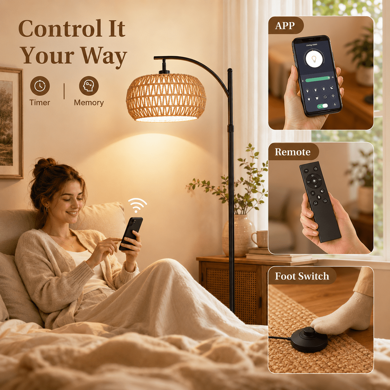 SERBASIC Boho Arc Floor Lamp for Living Room with Remote Control, Stepless Dimmable Rattan floor lamp with Liene Lampshade, Adjustable Standing Tall Lamp for Bedroom
