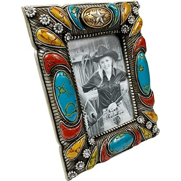 Urbalabs Western Cowboy Gem Stone 4x6 Silver Star and Stones Cowboy Picture Frame Desk Photo Frame Country Decor Picture Box 4" x 6" Rustic Gifts Farmhouse Picture Frames Standing Elaborate