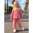 thumbnail image 2 of RUINIXCW Toddler Baby Girl Fall Outfits Casual Cherry/Strawberry Plaid Button Down Doll Collar Long Sleeve Tops with Pants 2 Pcs Set, 2 of 9