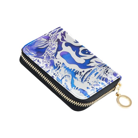 Leather Zipper Card Bag 4.7x3.1x0.8Inch Women's Card Bag Coin Purse Credit Card Bag Bank Card Bag Business Card Bag Coin Bag Blue Pretty Tiger