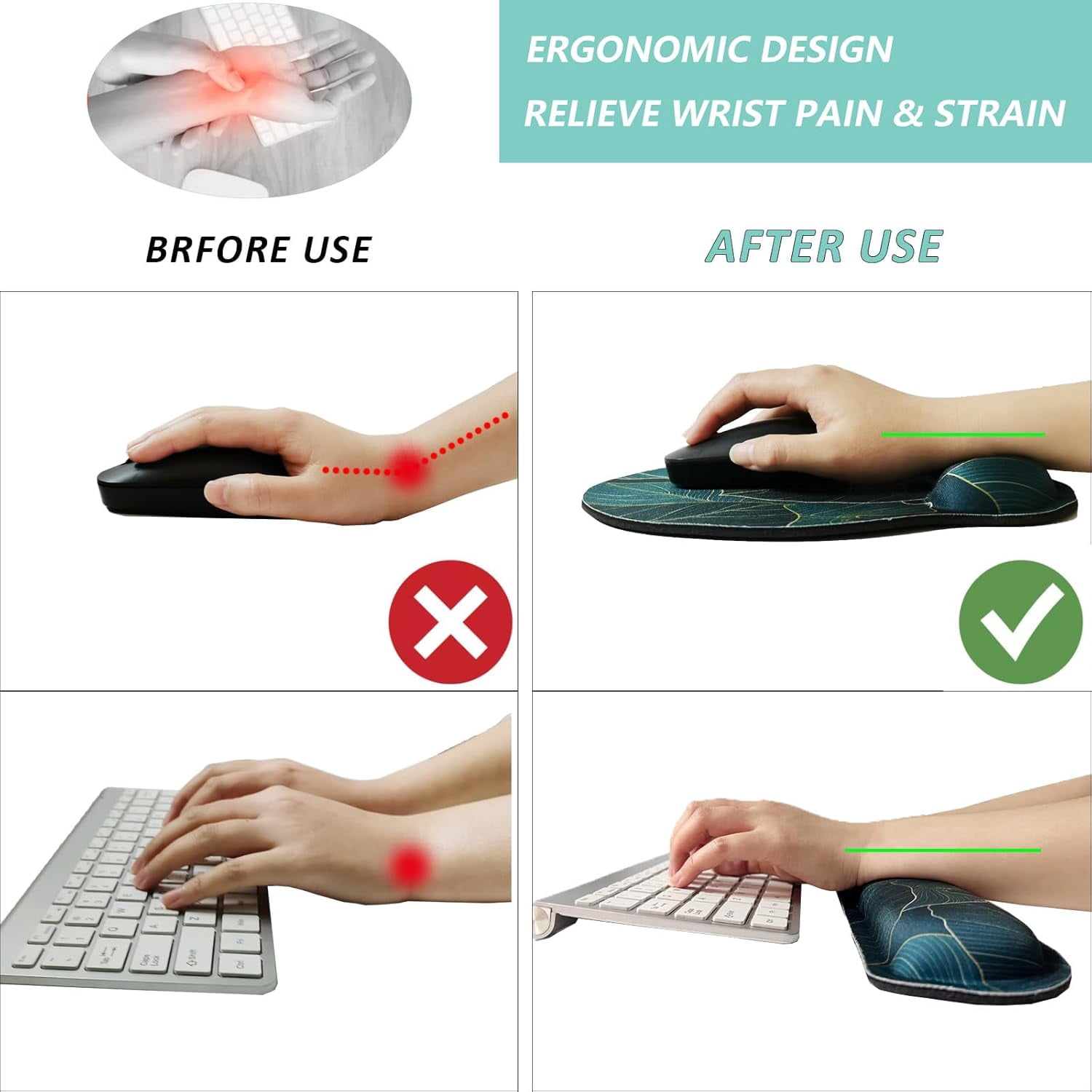 Keyboard Wrist Rest Pad Mouse Pad with Wrist Support Set of 3, Mousepad with Non-Slip Rubber Base, Ergonomic Memory Foam Mouse Wrist Cushion Support for Home Office Laptop Computer, Green Leaves