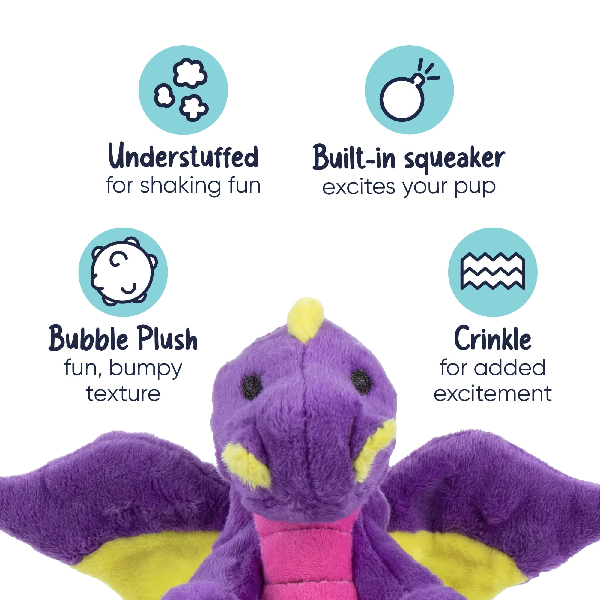 goDog Dragons Sitting Squeaky Dog Toy, Plush with Chew Guard Technology, Purple, Small