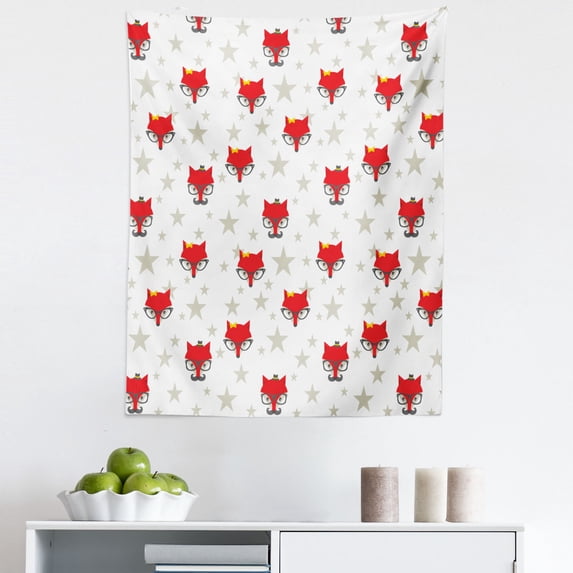Cartoon Tapestry, Hipster Foxes with Hats Glasses on Stars Background Funny Animal, Fabric Wall Hanging Decor for Bedroom Living Room Dorm, 5 Sizes, Coconut Scarlet and Grey, by Ambesonne
