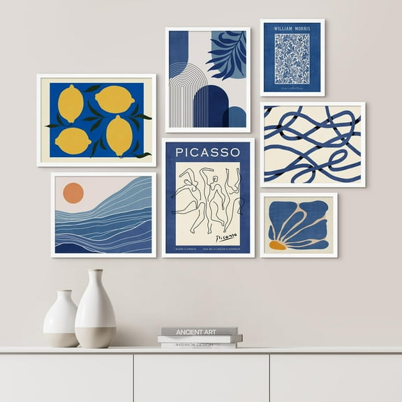 PixonSign Framed Canvas Print Wall Art Set - Blue & White Picasso Style Posters - Geometric Print Gallery Set of 7 Abstract Plants & Mountain Illustrations Digital Art Wall Décor for Home - White