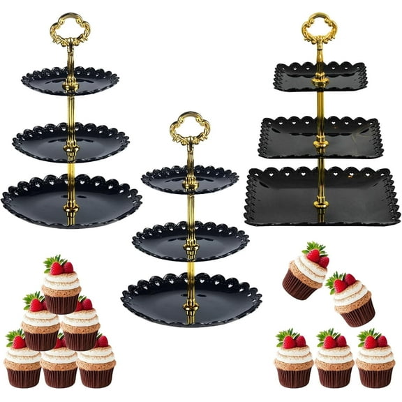 Xugoox 3 Pcs 3 tier Cupcake Display Tower, Dessert Tray Stand, 2 Round and 1 Square, Black
