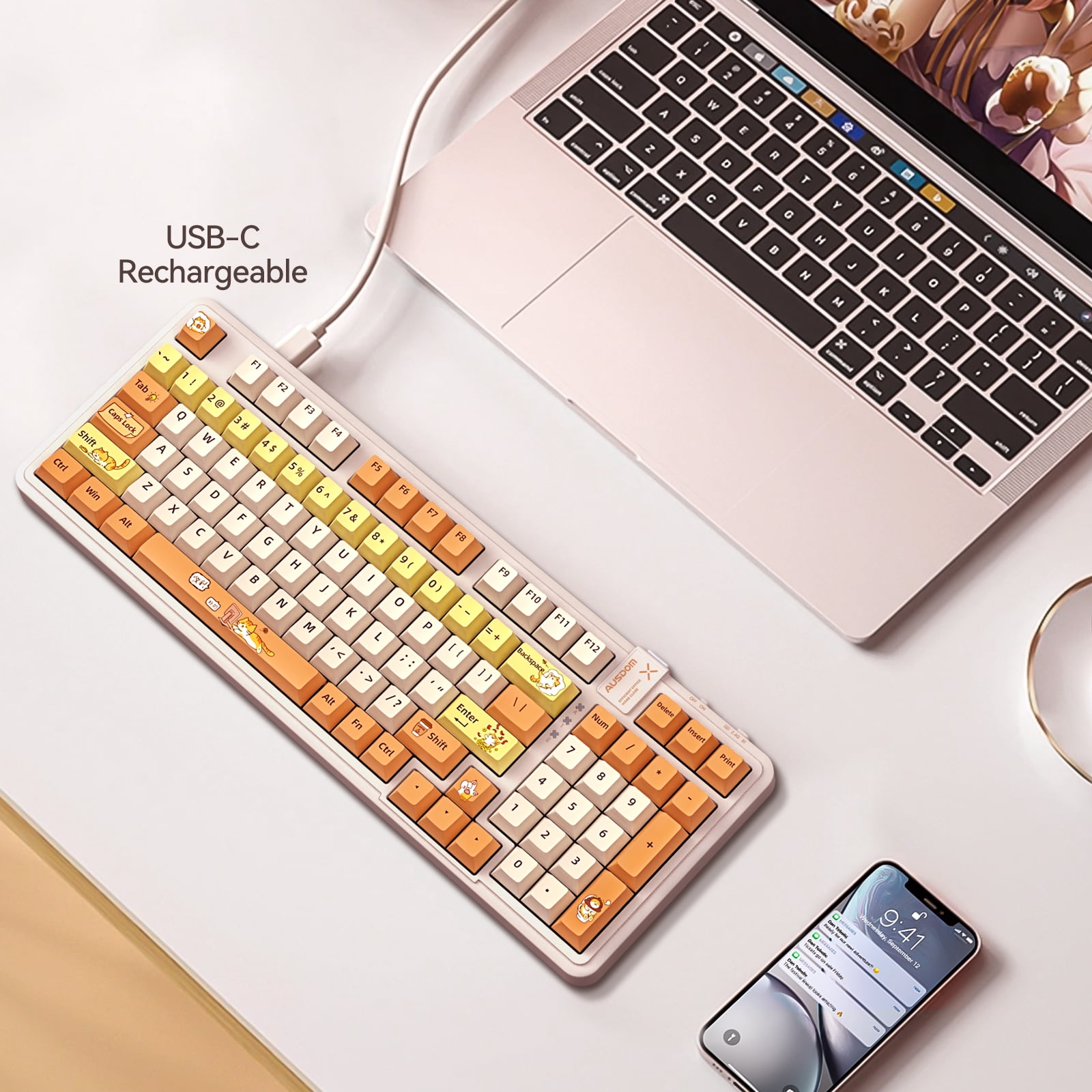 AUSDOM 98Pro Wireless Mechanical Gaming Keyboard - Tri-Mode (Bluetooth/2.4GHz/USB-C), Hot Swappable Linear Switches, White Backlit, Gasket, PBT Keycaps, Compatible with Windows/Mac (Yellow Cat Theme)