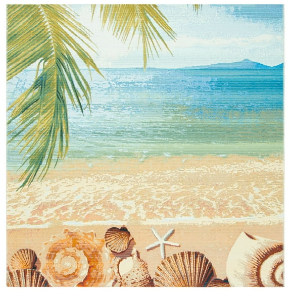 SAFAVIEH Barbados Sea Shells Outdoor Area Rug, Gold/Blue, 6'6" x 6'6" Square