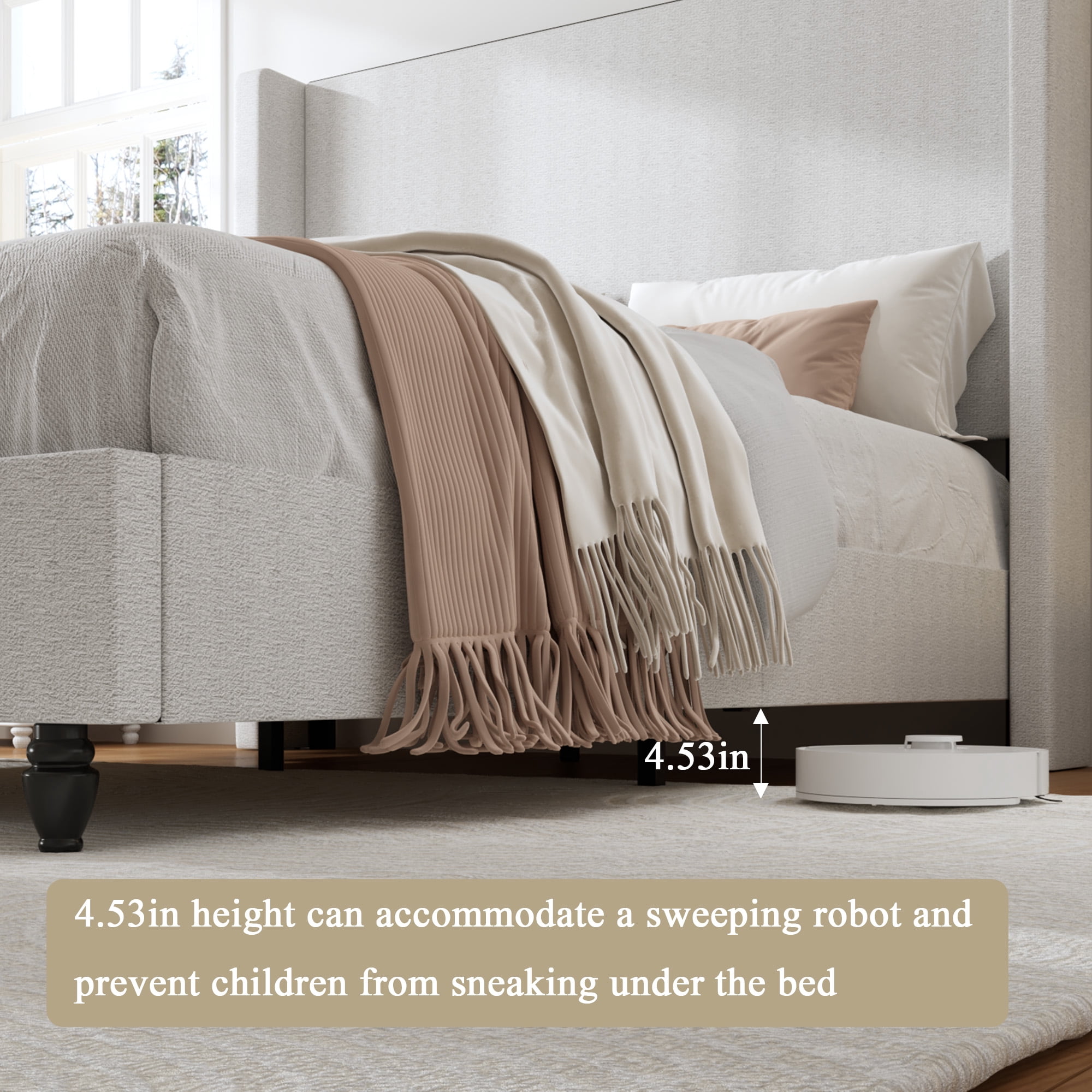 Gewnee Queen Size Platform Bed Frame with Upholstered Wingback Headboard, Sturdy Metal Support, Noise‑Free, No Box Spring Needed, Modern Bedroom Furniture, Beige