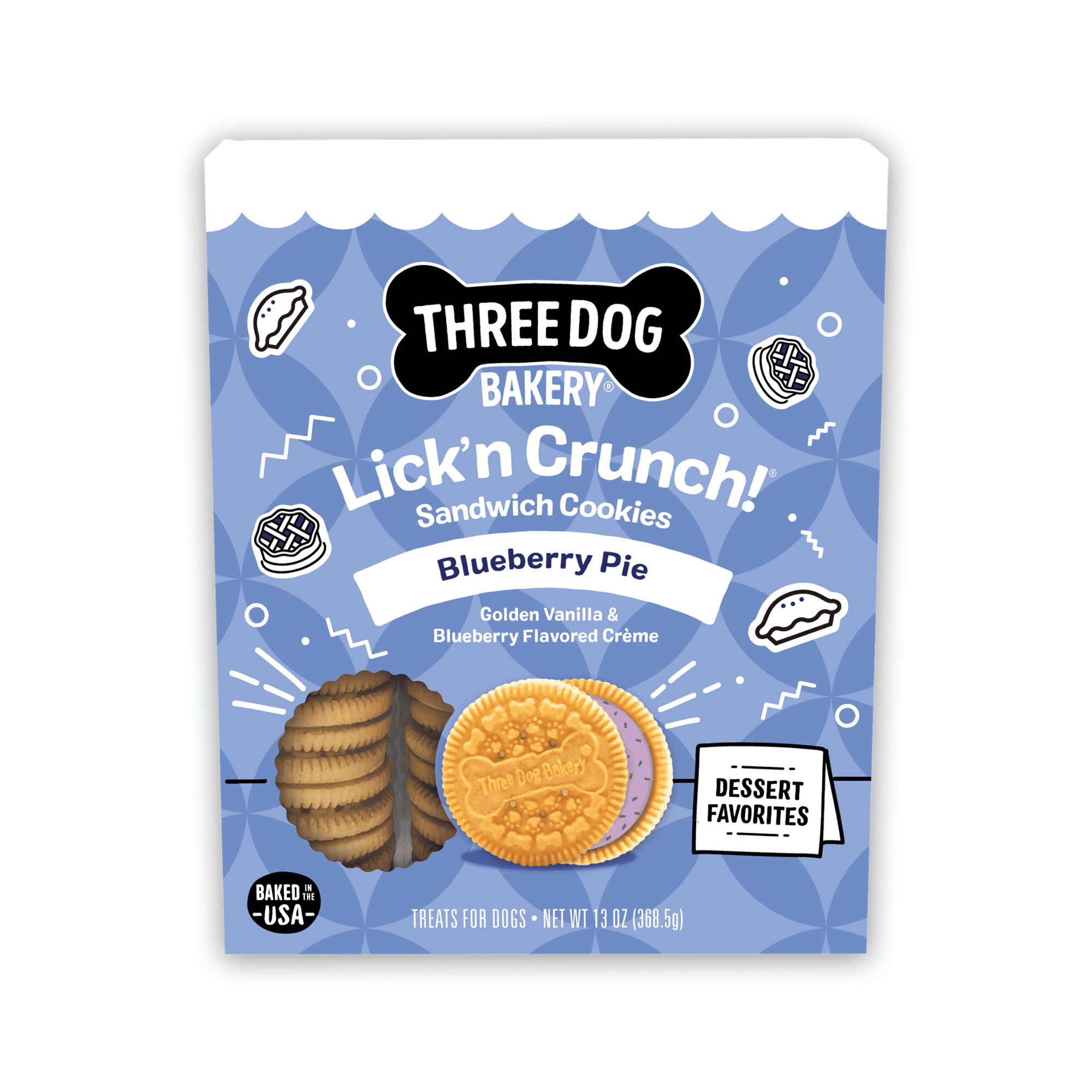 Three Dog Bakery Lick'n Crunch Dog Treat Sandwich Cookies, Blueberry Pie, 13 oz