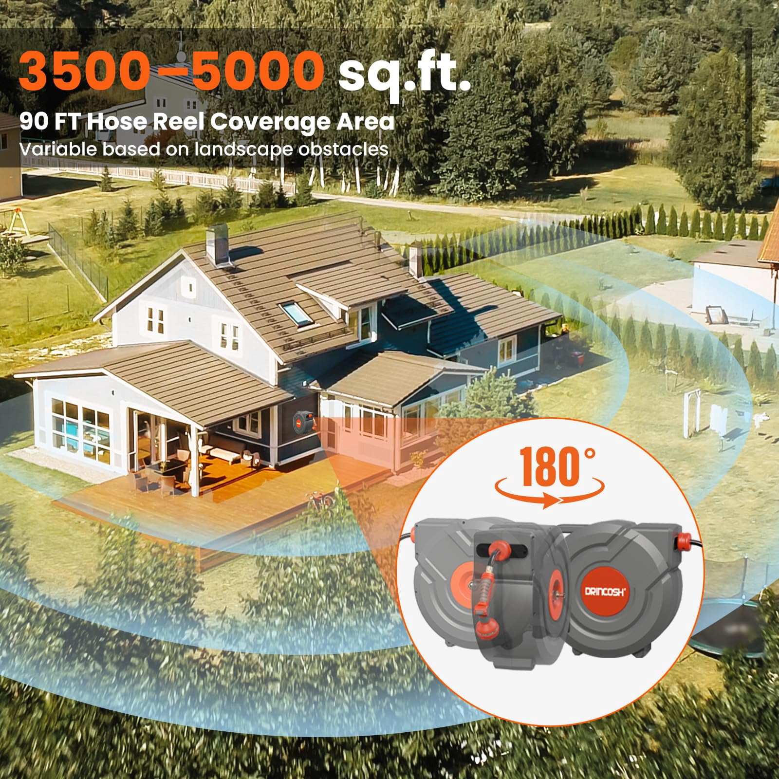 NEOTEC Heavy Duty Wall- Garden Hose Reel 5/8 in x 90 ft ，180°Swivel Automatic Slow Return Lock 9 Pattern Nozzle UV Resistant (Black)