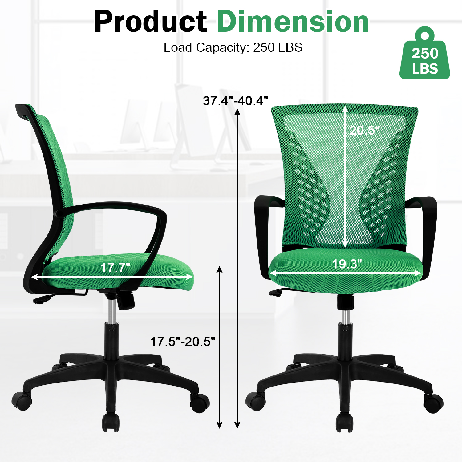 Mid-Back Office Chair, Ergonomic Computer Chair Adjustable Desk Chair with Armrest, Rolling Swivel Chair for Home&Office, Easy to Assemble, Green