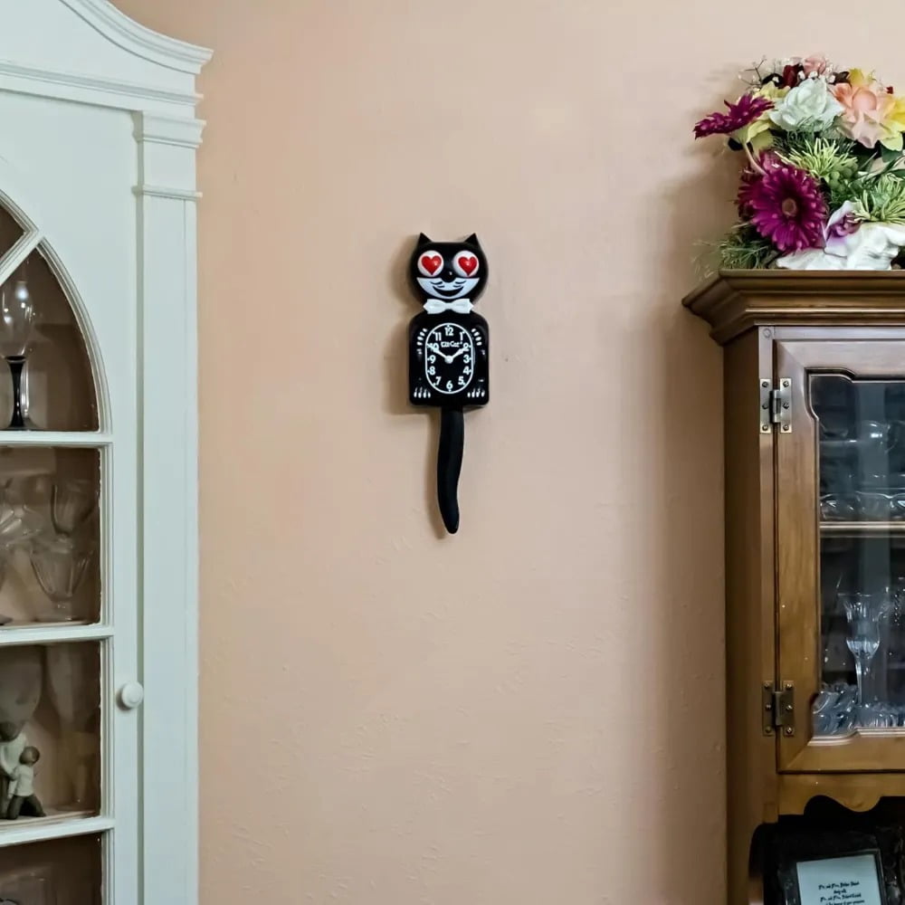 KIT CAT Klock Classic Black with Heart Eyes - Iconic Cat Clock with Moving Heart Eyes and Tail, Battery Operated Wall Clock, Perfect for Home Decor, Mid-Century Modern Clock, Unique Gift