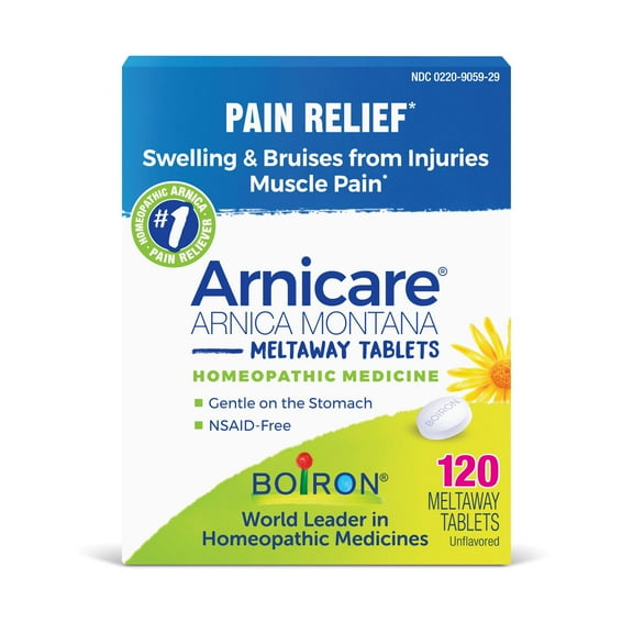 Boiron Arnicare Tablets, Homeopathic Medicine for Pain Relief, Swelling & Bruises from Injuries, and Muscle Pain, 120 Meltaway Tablets