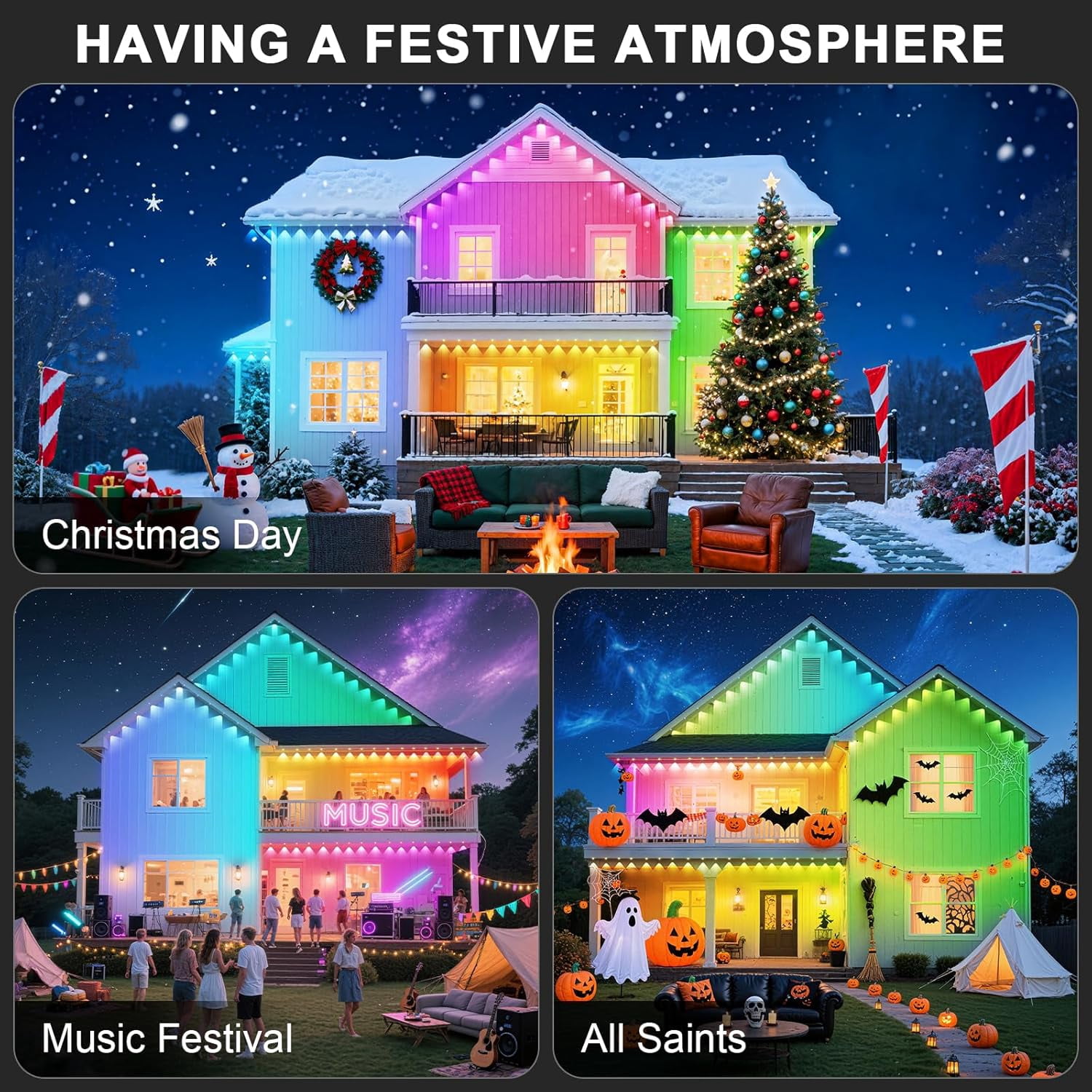 246FT Permanent Outdoor RGB Lights, 125 LEDs IP67 Waterproof Smart RGB String Lights Outside, Eaves Lights with App/Remote Control, Music Sync & DIY Scenes, for House, Party, Holiday Decorations