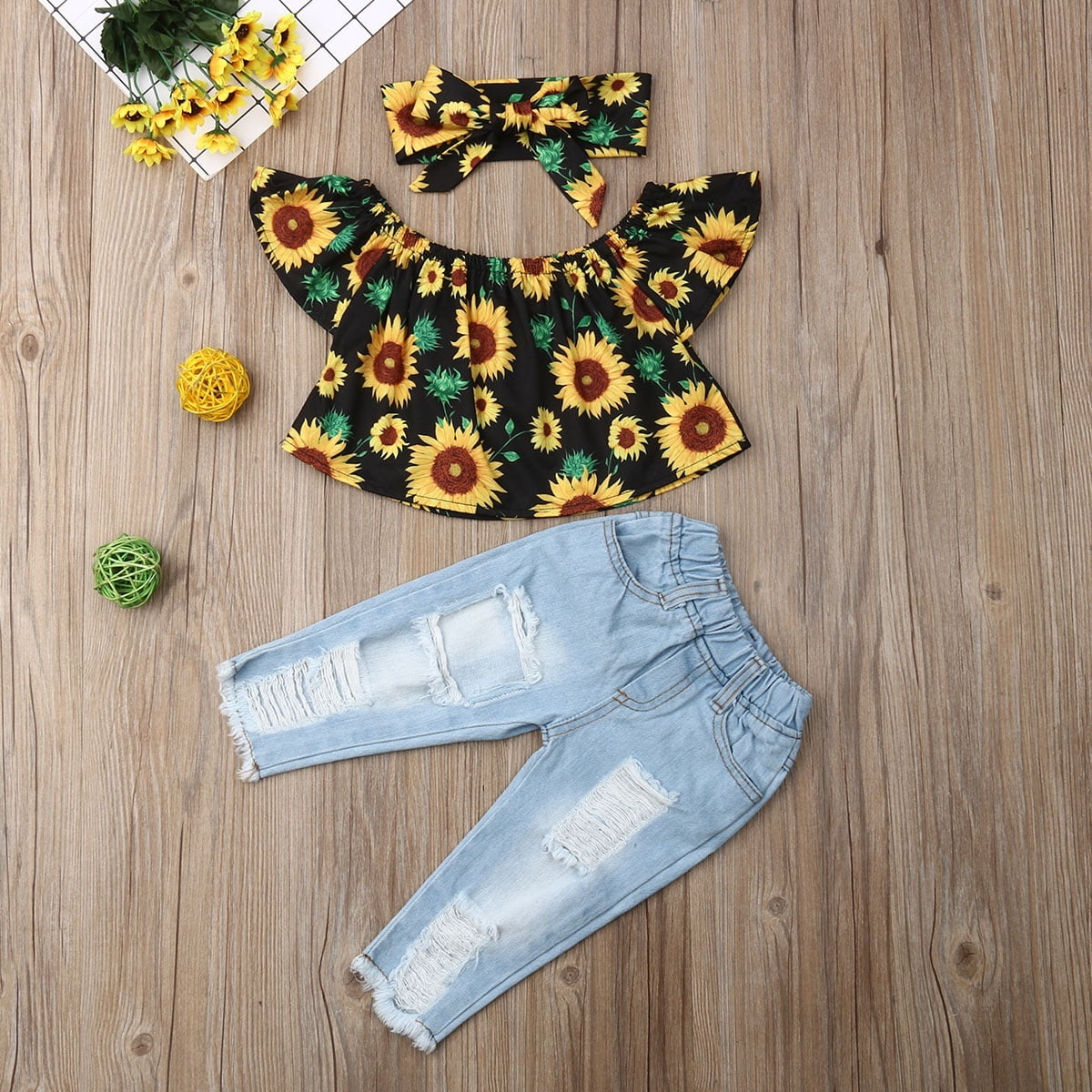3Pcs Pretty Girls Clothes Set Kids Baby Girl Summer Clothes Short Sleeve Off shoulder Sunflower Crop Tops Denim Pants Outfits