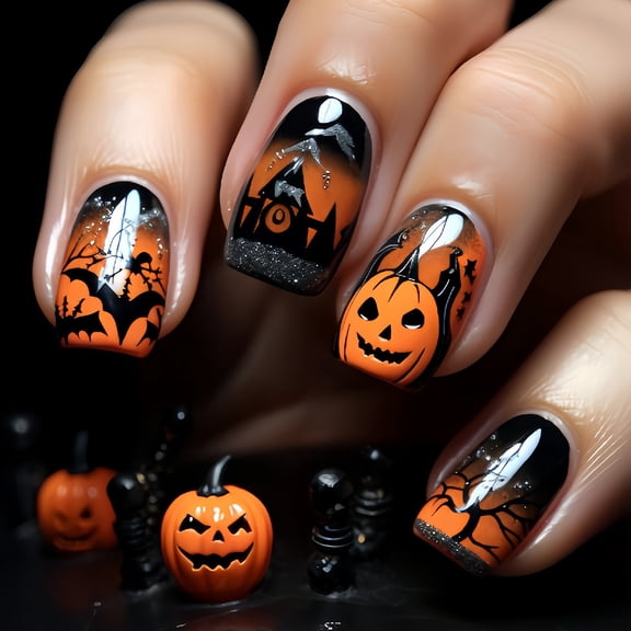24Pcs Halloween Press On Nails Medium Almond & Short Square, Spooky Fake Nails Full Cover Glue on Nails for Women Girls Christmas Party Gift