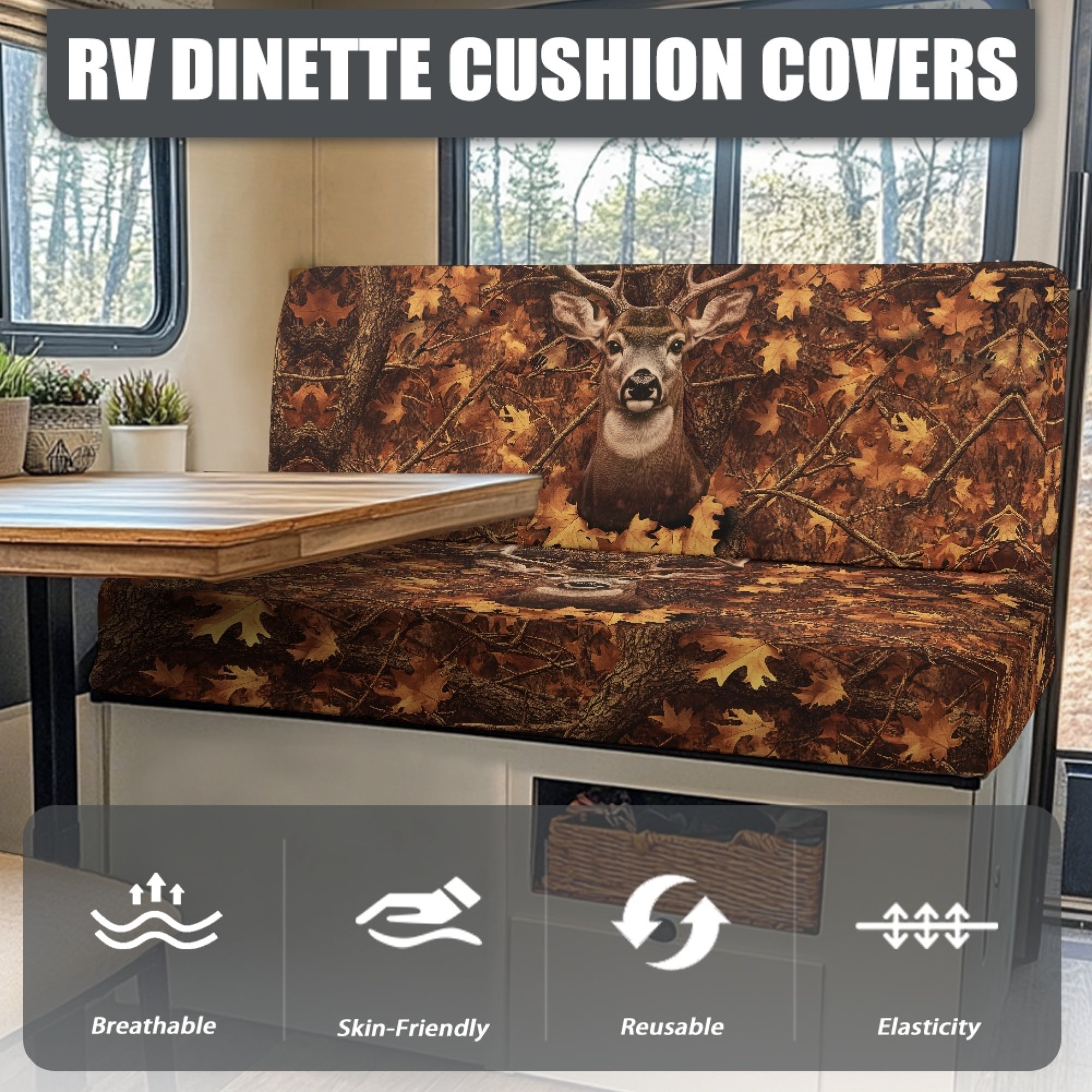 FOR U DESIGNS Deer Camo Print RV Dinette Cushion Covers Washable Sofa Furniture Protector Stretch RV Couch Cover Include 1 Backrest Covers and 1 Bench Covers