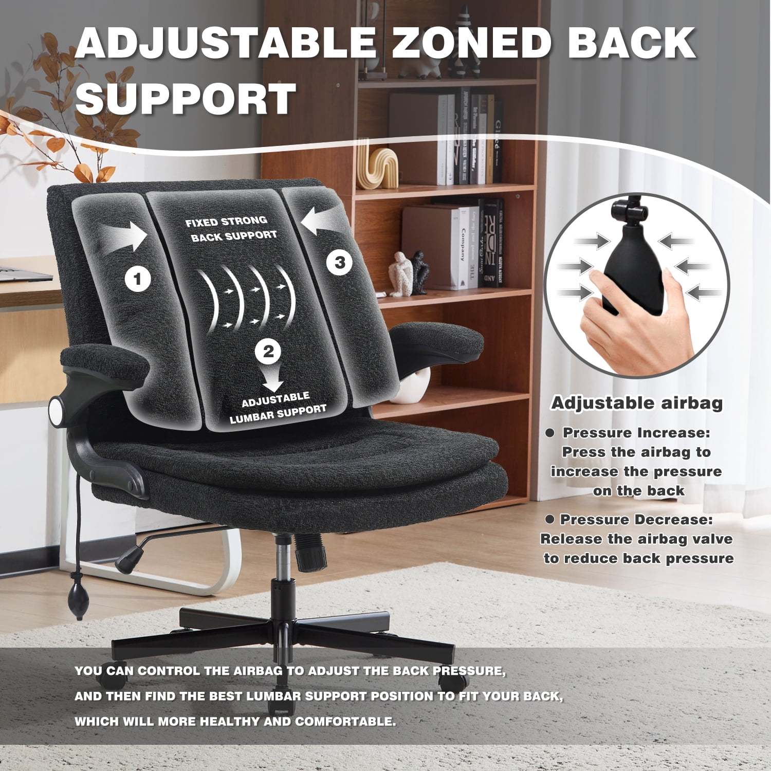 Wide Criss Cross Chair with Flip Up Back Cushion and Arms, Ergonomic Cross Legged Office Chair with Dynamic Lumbar Support, Upholstered Swivel Rolling Vanity Chair for Customized Comfort
