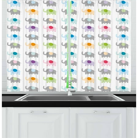 39' Combination Kitchen - Nursery Curtains 2 Panels Set, Cute Elephants in Various Color Combinations Animal Fun Children Friendly Design, Window Drapes for Living Room Bedroom, 55W X 39L Inches, Multicolor, by Ambesonne
