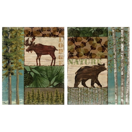 Moose Trail Lodge - Rustic Nature Trail Moose & Bear Lodge Prints; Two 11x14 Poster Print. Green/Brown