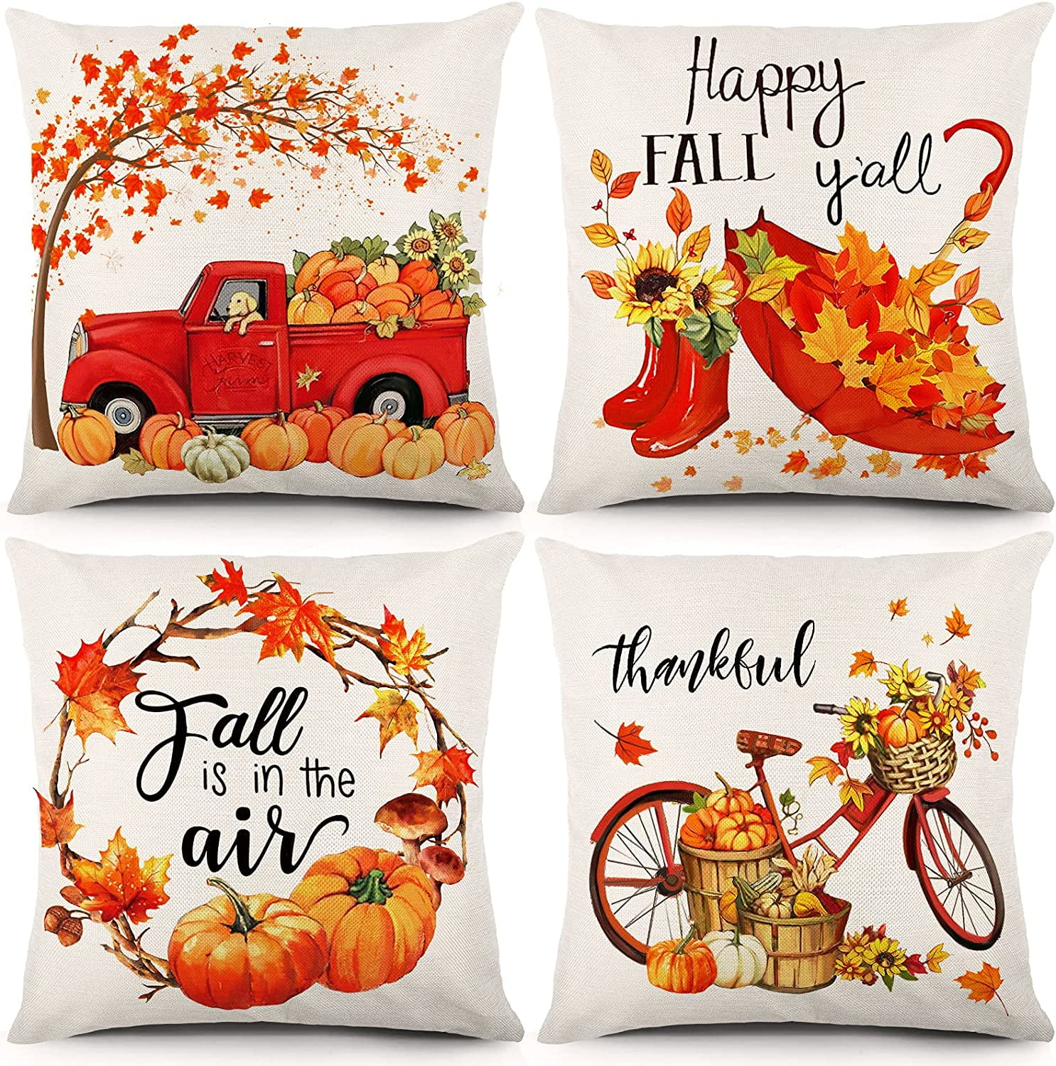 Fall Pillow Covers 18x18 Inch Set of 4 Autumn Decorations Throw Pillowcase Leaves Dog Rain Boots