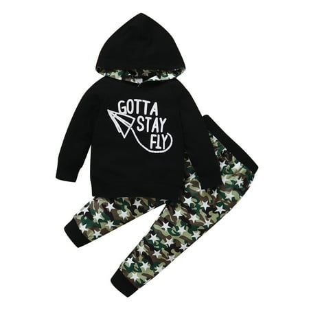 

NZRVAWS Baby Boys Outfits Long Sleeve Letter Print Hoodie Top +Star Print Camouflage Print Pants 2Pcs Clothes Set 18-24 Months Black