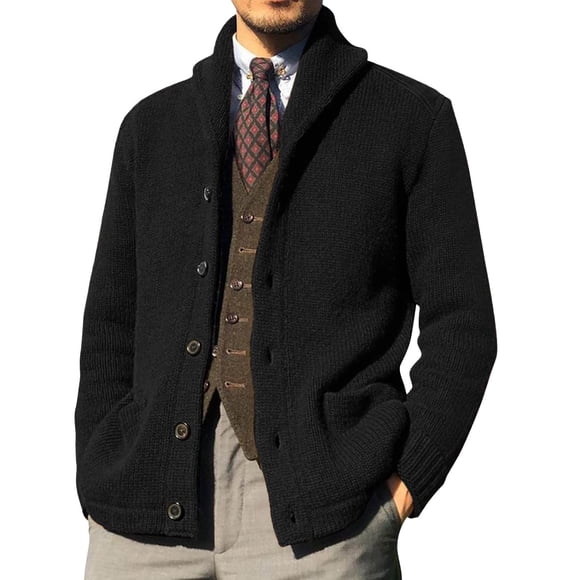 DondPO Mens Sweater Plaid Shirt Men Mens Fashion Leisure Solid Wool Knitting Stand Collar Long Sleeve Long Style Cardigan Coat Mens Cardigan Sweater Mens Tops Black XL