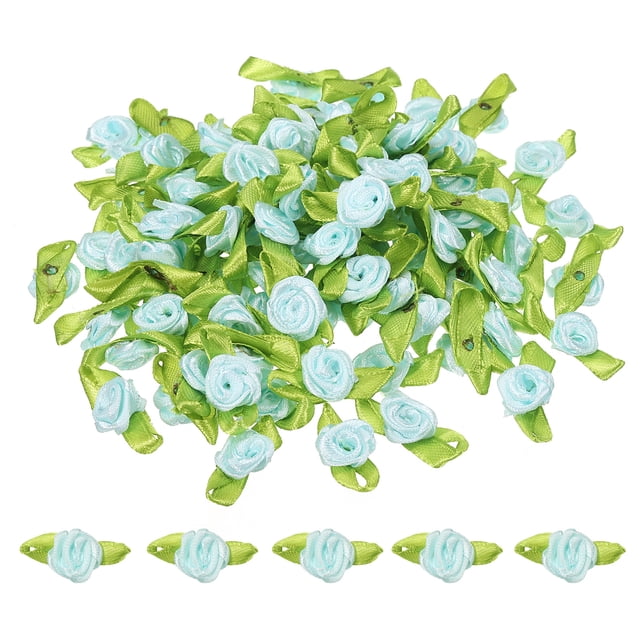 Uxcell Mini Rosas de Cinta Flores de Tela Satinada Pequeñas con Hojas Verdes para Manualidades 200 Pcs Azul Claro