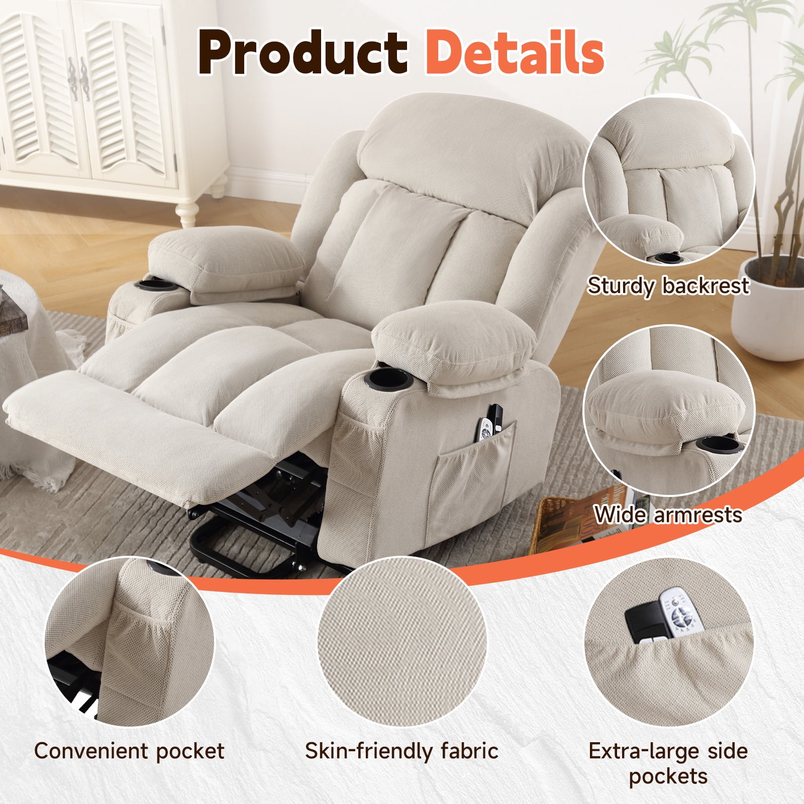 UHOMEPRO Lift Recliner Chair for Elderly and Adult, Electric Recliner with Heat and Vibration Massage, Remote Control, USB Port, Side Pockets & Cup Holders, Beige