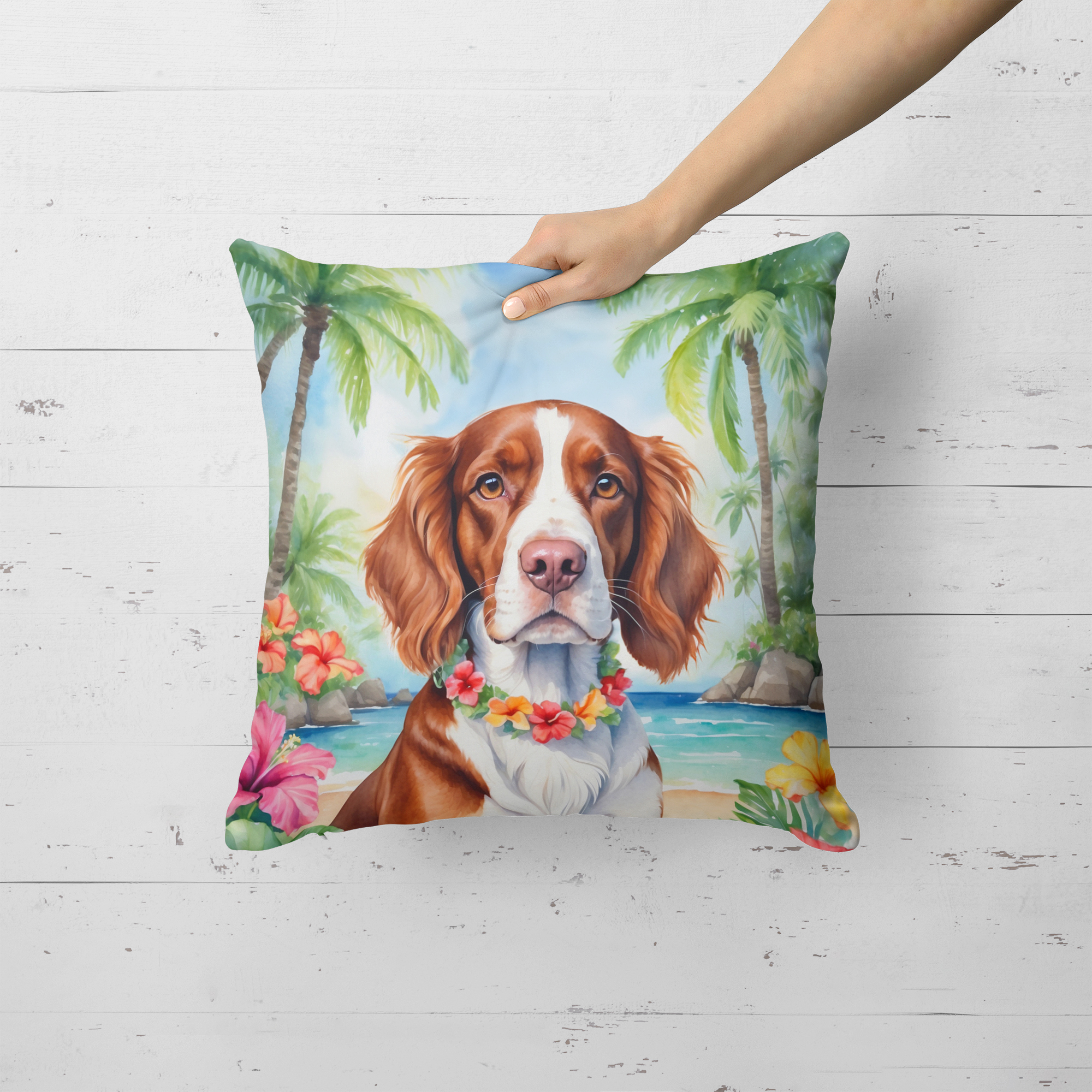 Welsh Springer Spaniel Luau Throw Pillow 18 in x 18 in