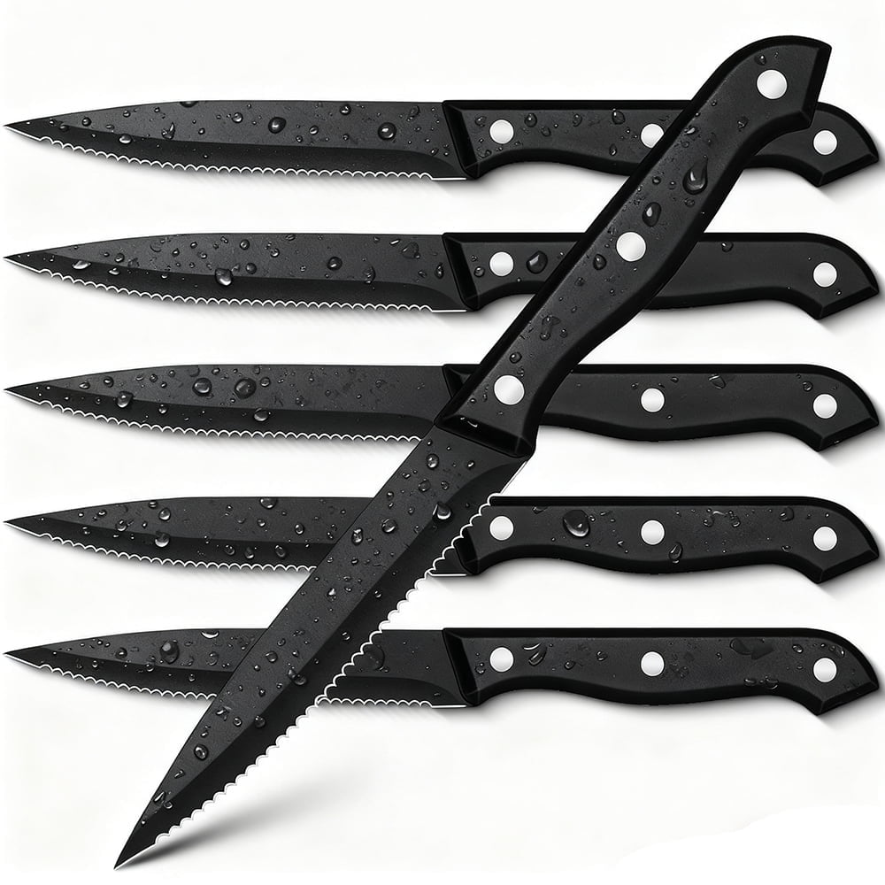 Steak Knives Set of 6,Sharp Serrated Dinner Knife Kitchen Cutting Knife for Meat Cheese Stainless Steel Black Knife Cutlery Set Dishwasher Safe