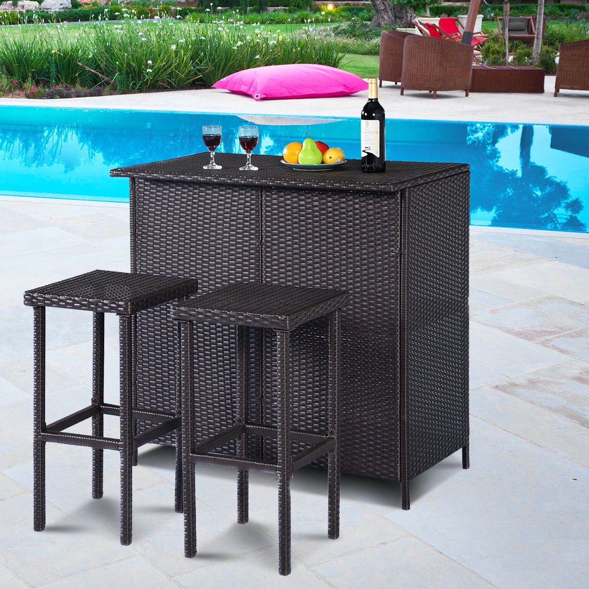 Costway 3-Piece Wicker Outdoor Patio Bar Set with Table & 2 Stools