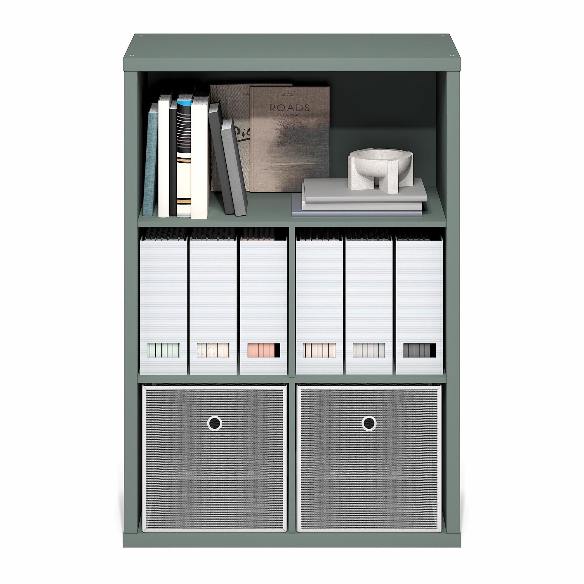 Furinno CUBICLE Book Shelf, 5-Cube Thick Frame Bookshelf, Reversible Bookcase with Closed Back, 14.6" x 57.8" x 58", for Living Room, Bedroom, Home Office, Sage Green