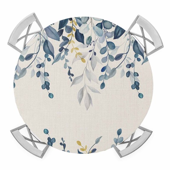 Elastic Fitted Round Tablecloth, Navy Blue Eucalyptus Waterproof Stretch Table Cover for 55"-60" Tables, Farmhouse Weeping Leaves Linen Washable Outdoor Tablecloths for Patio, Picnic, Camping