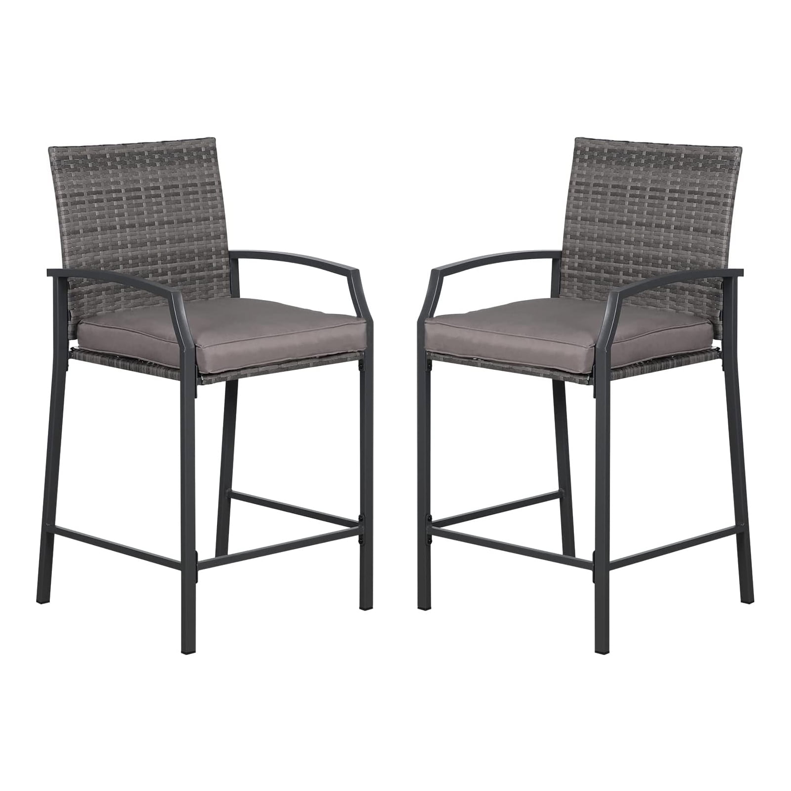 Outdoor Wicker Bar Stools, 2 Piece Patio Allweather Rattan Counter