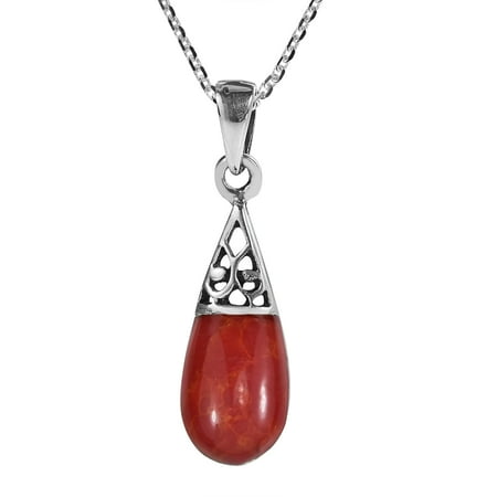 Filigree 925 Silver Pendant - Filigree Swirl Teardrop Synthetic Coral Inlay .925 Sterling Silver Pendant Necklace